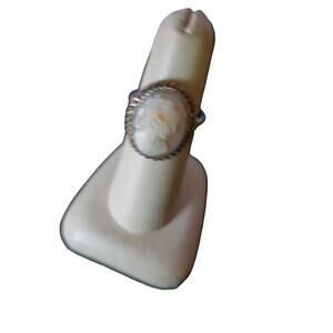 Vintage Mid Century Carved Shell Lady Cameo Marcasite Ring Silver Size 8